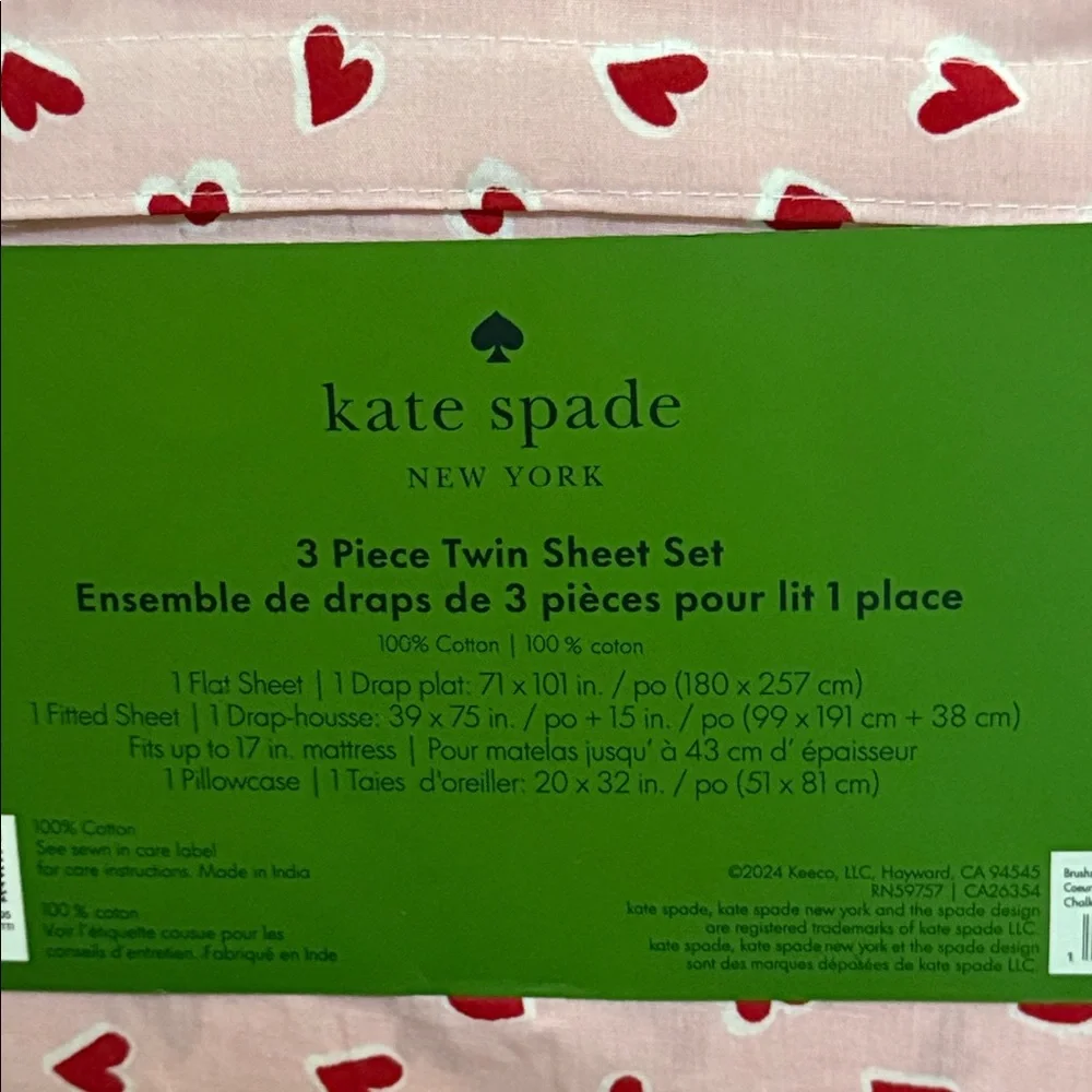 kate spade pink and red heart twin sheet set. 100% cotton.
